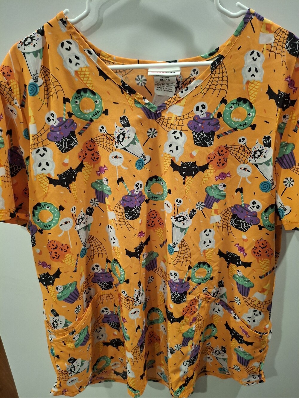 Scrubstar Orange Halloween Scrub Top with Ghosts, Bats & Treats